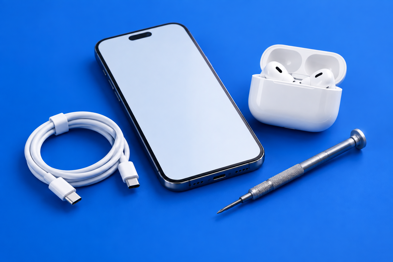 Móvil, auriculares y accesorios sobre un fondo azul